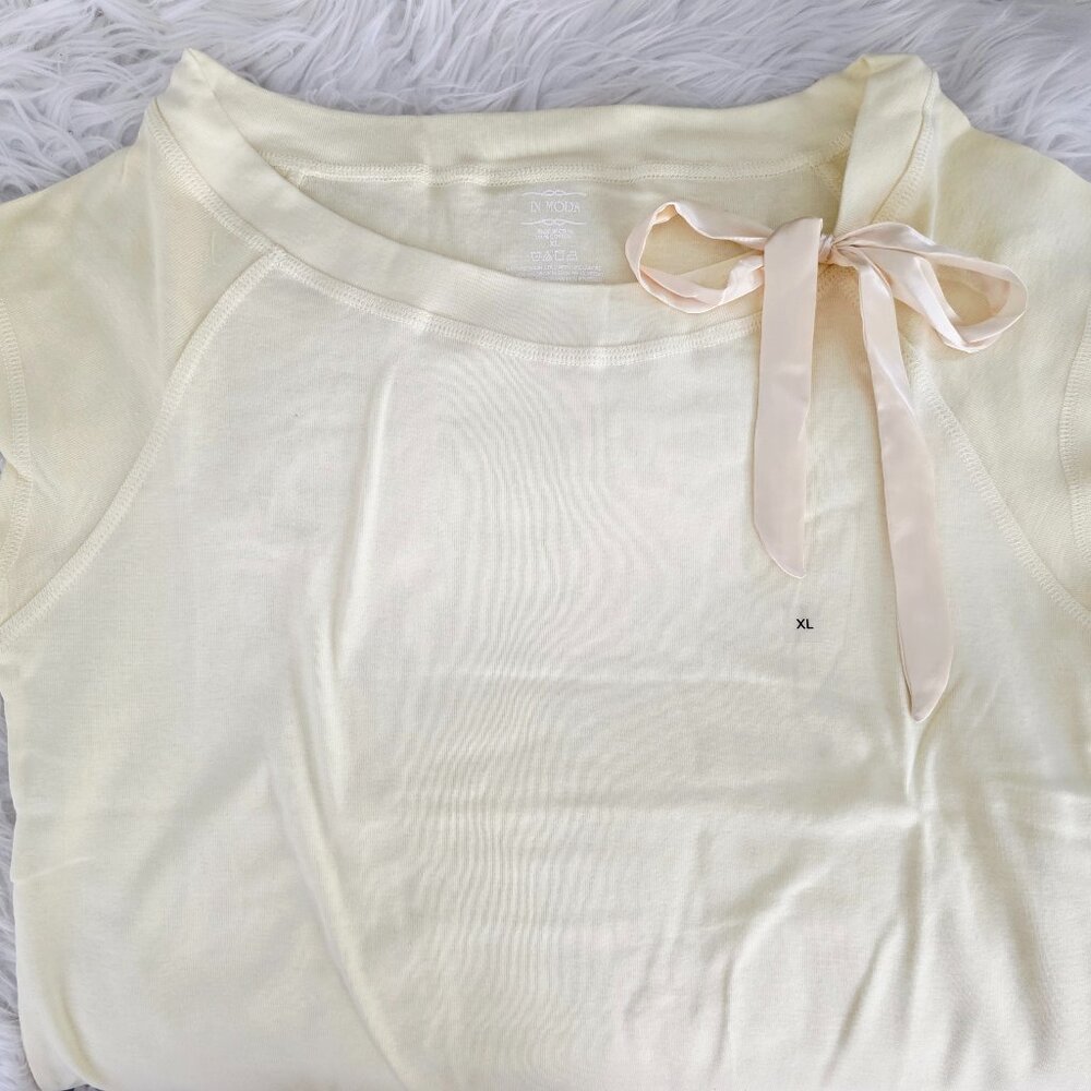 NWT Women's In Moda Half-Sleeve Blouse, Pale Yellow, XL, with Silk Bow